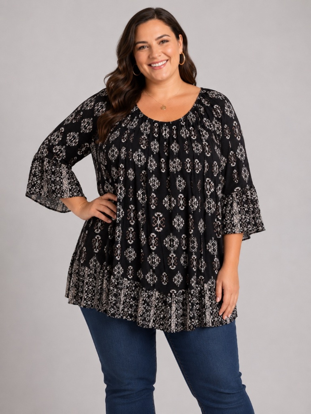 Style & Co 4X Peasant Top/Blouse - 3/4 Bell Sleeve Black/White Western Fashion